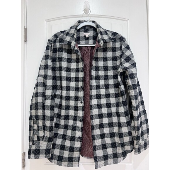Merona Other - Merona Button Up Flannel Shirt Jacket Elbow Patch Men’s Sz L Black White Check